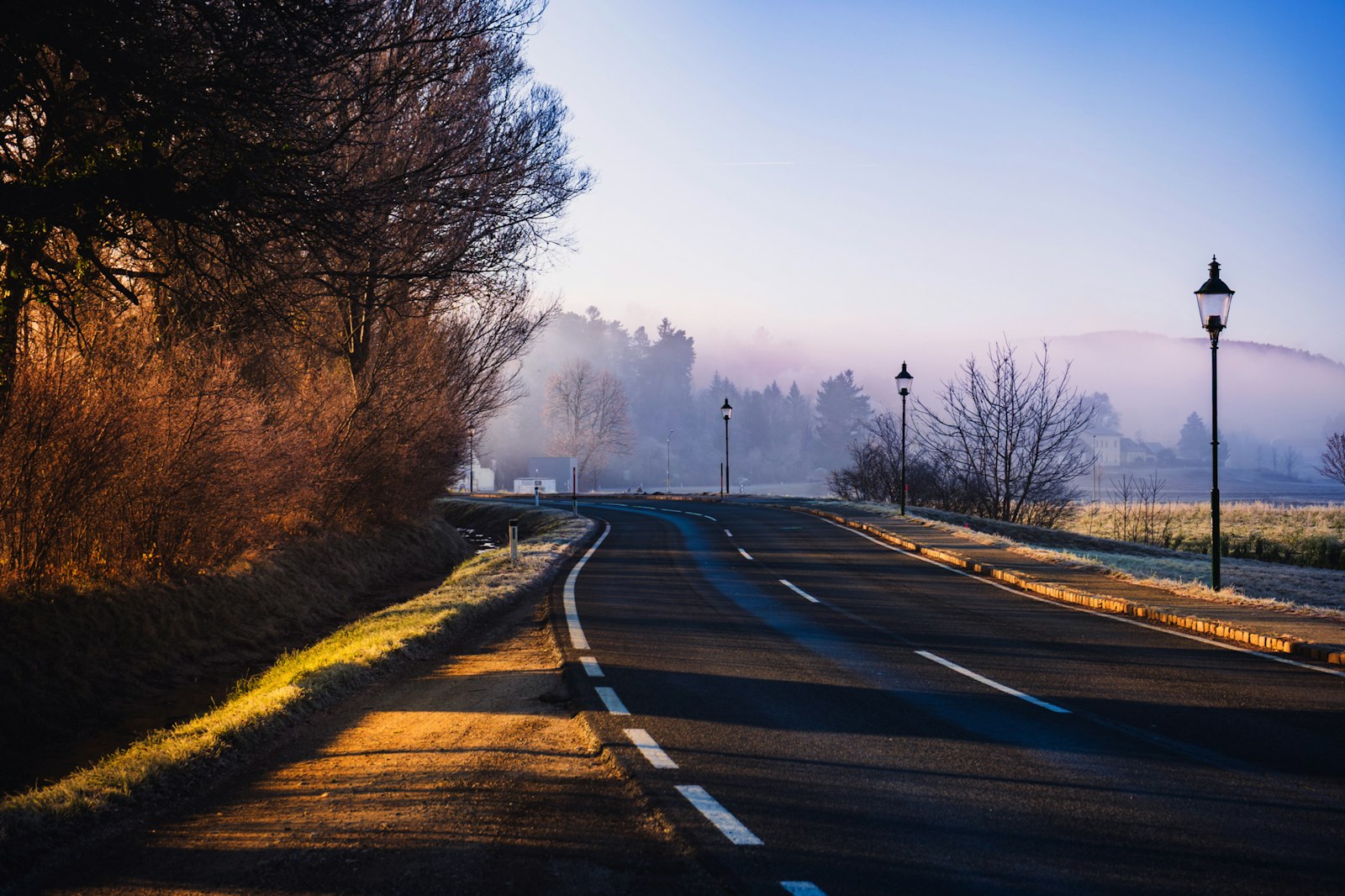 An empty two lane road at sunrise with trees on both sides and no vehicles in sight.
